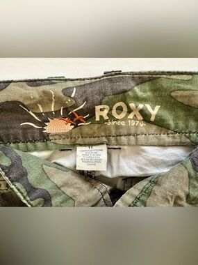 Roxy Camouflage Shorts with Embroidered Flower Accent - Green